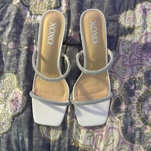 XOXO women’s heels, white and rhinestones